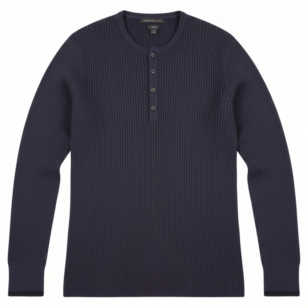 John Varvatos USA Luxe Ribbed Henley‎ Sweater - Navy Blue M